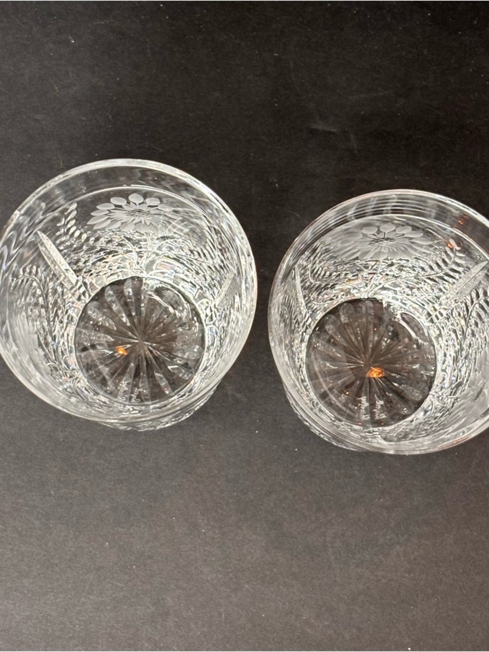 Pair Royal Brierley Etched Crystal Tumblers - Kensington Palace Flower Sunflower - Picture 5 of 10